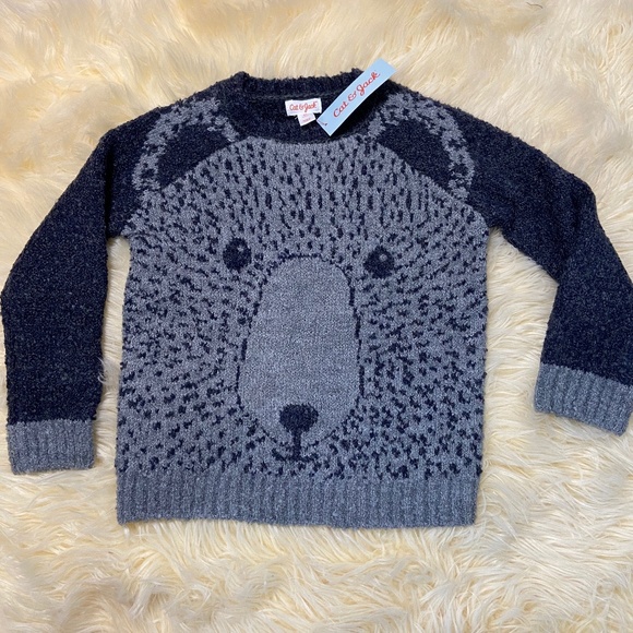 Cat & Jack Kid's Fuzzy Gray Bear Face Sweater NWT - Picture 2 of 9